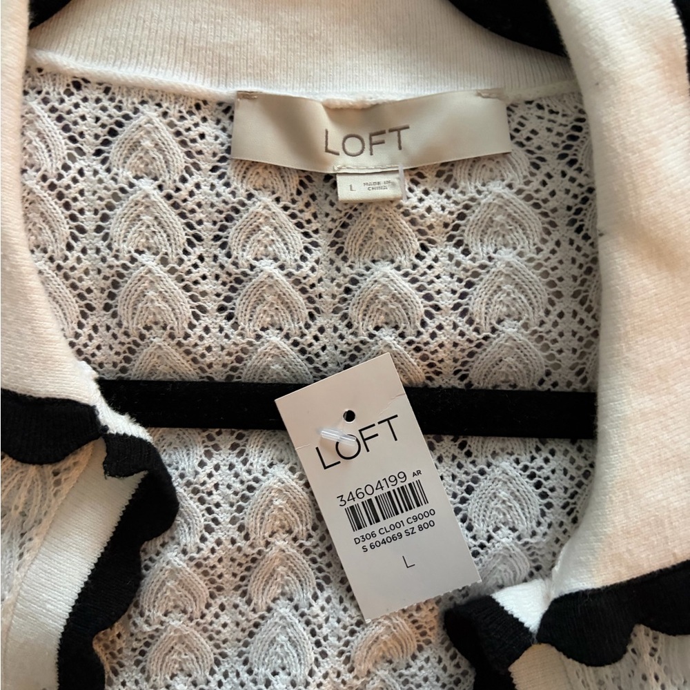 LOFT Ivory Cardigan with Black Scallop Trim NWT - Picture 6 of 6